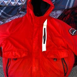 super-dry coat orange and black